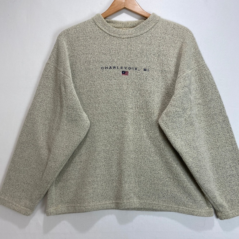 VTG Charlevoix MI Embroidered American Flag Sweatshirt Men's SZ Medium Crewneck